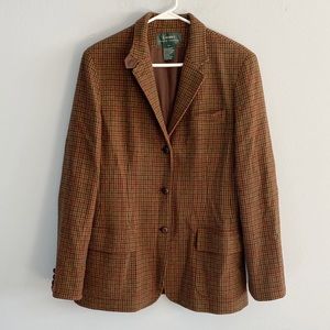 Lauren Ralph Lauren Women’s Brown 100% Wool Houndstooth Elbow Patch Blazer